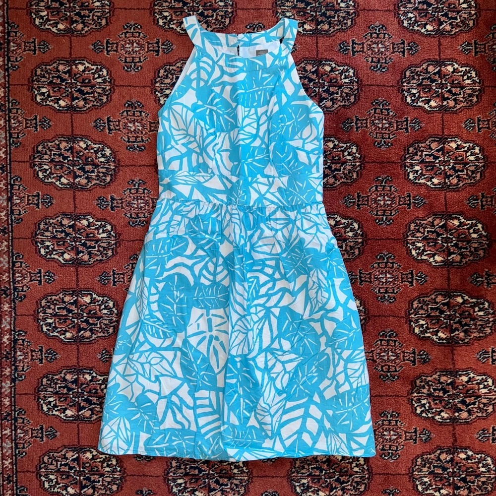 Ann Taylor 0P Aqua Blue/White Floral Print Circle Neckline Summer Dress